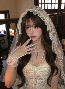 万圣节头饰鬼新娘复古白色蕾丝头纱领证结婚生日拍照道具婚纱发饰