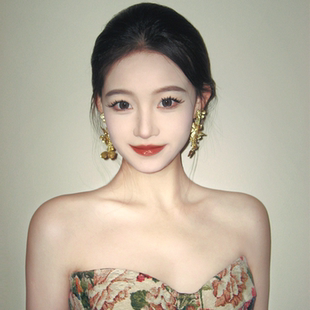 新中式金色花朵流苏耳环小众设计轻奢高级感耳饰夸张耳夹女无耳洞