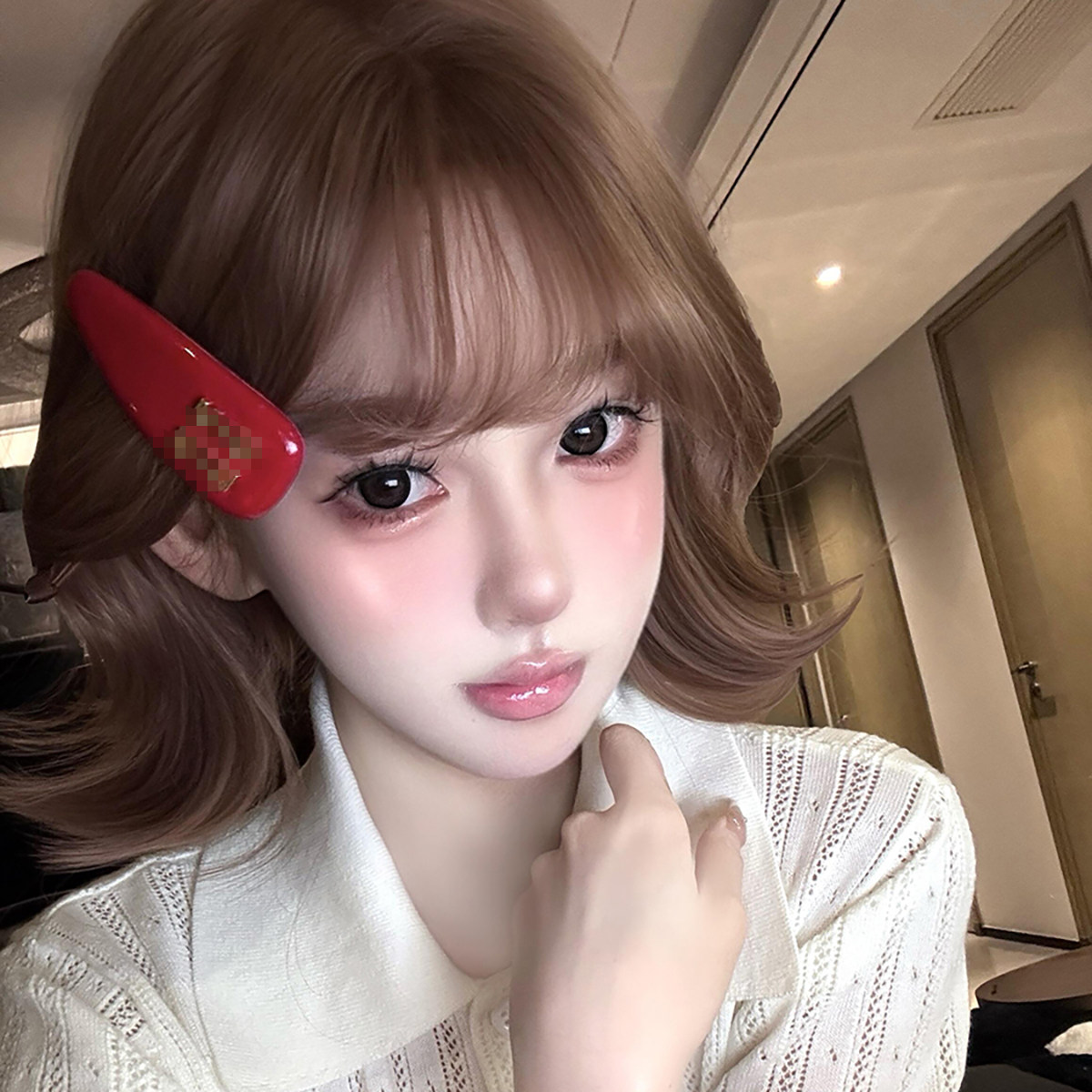 Min红色皮质面包字母侧边发夹女精致刘海夹BB夹发卡头饰发饰卡子