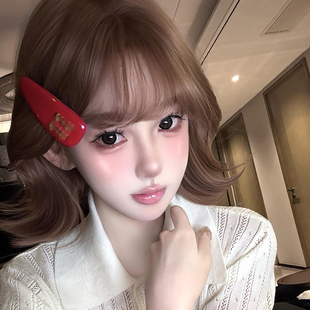 Min红色皮质面包字母侧边发夹女精致刘海夹BB夹发卡头饰发饰卡子