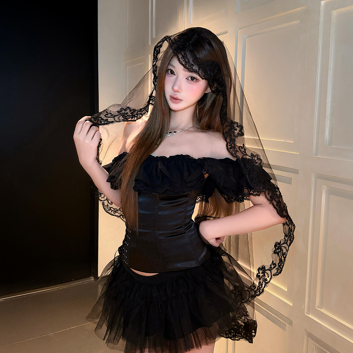 黑色蕾丝头纱万圣节头饰