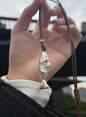 中古vinage冷淡风拼接小鱼吊坠项链小众设计感精致长款秋冬毛衣链