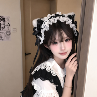 黑白猫耳发带lalita猫娘兽耳发夹可爱猫耳朵洛丽塔女仆头饰发饰