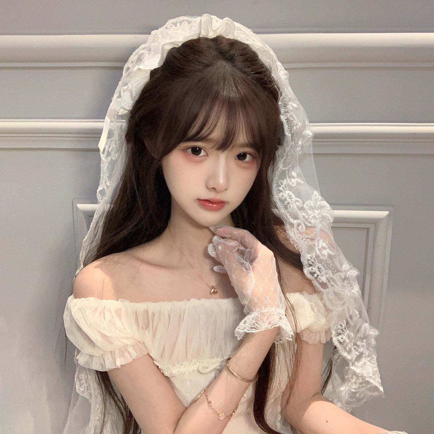 万圣节鬼新娘cos白色蕾丝头纱女成人头饰婚纱穿搭白哥特发带手套