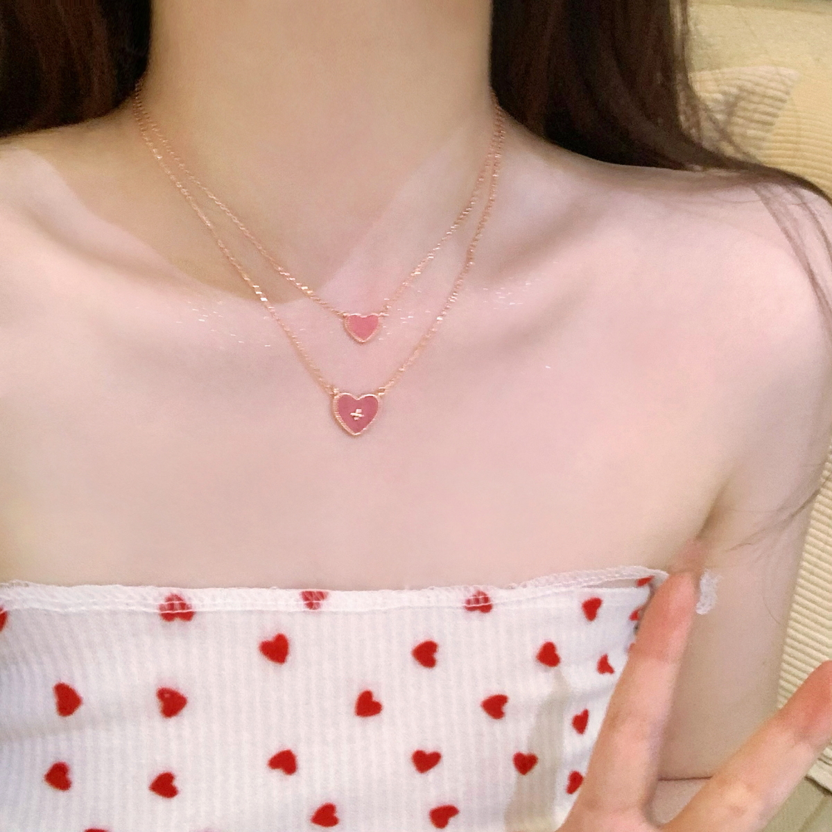 粉色爱心项链女轻奢叠戴锁骨链