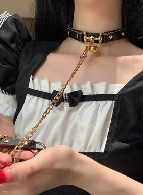 小铃铛项圈女真皮choker项链颈圈k9小狗puppy牵引绳脖圈颈链男
