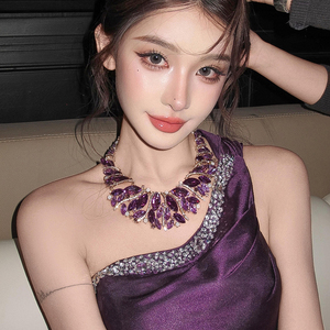 紫色水晶轻奢气质项链耳环套装夸张设计感颈链高级感礼服配饰女