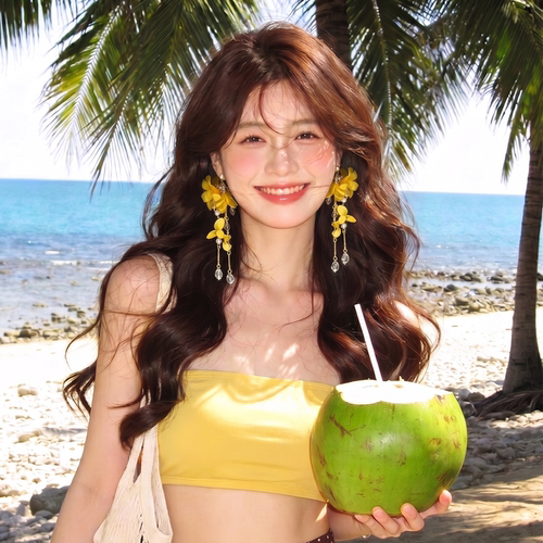 超仙气质显白黄色花朵流苏耳环女温柔氛围感耳钉度假风耳坠耳饰