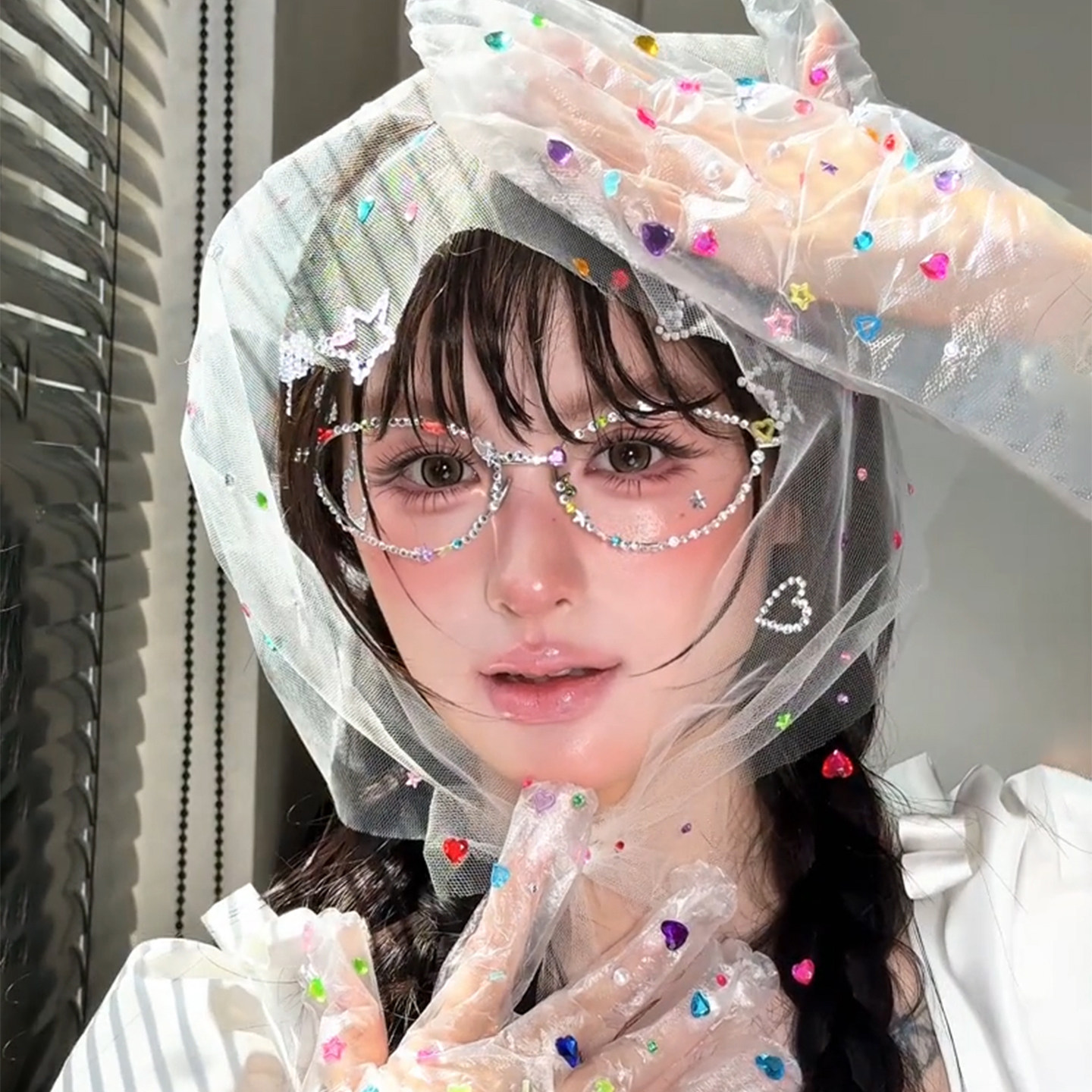 多巴胺彩钻三角小头纱生日快乐水钻字母DIY贴纸拍照道具头巾发饰