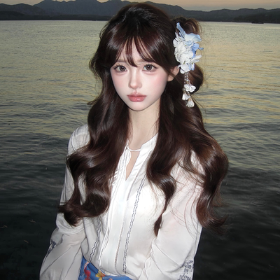 蓝调芳华古风蓝色花朵流苏发夹