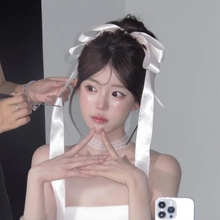 白色垂耳兔 芭蕾风双层绸缎蝴蝶结发夹飘带弹簧夹边夹头饰发饰女