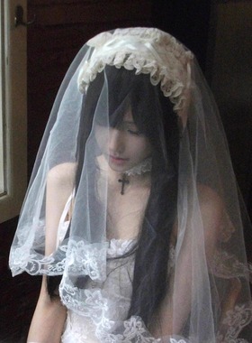 万圣节白色蕾丝花边头纱cos鬼新娘洛丽塔lolita花嫁拍照道具头饰