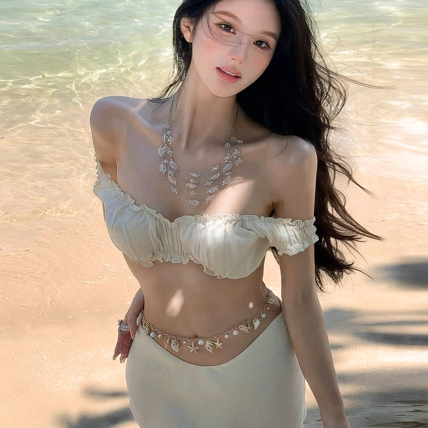 海岛度假风透明串珠项链波西米亚多层叠戴锁骨链气质百搭腰链配饰