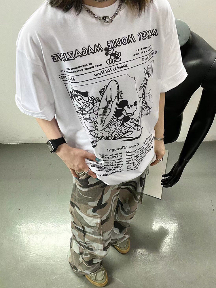 美式复古米老鼠字母设计感印花短袖男女宽松休闲潮流上衣T恤夏季