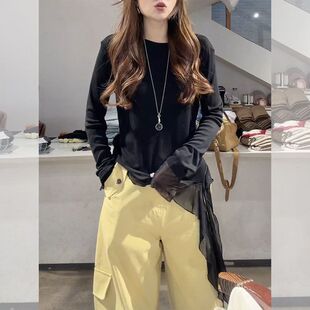 韩系休闲打底衫 上衣 t恤女2026年早春新款 黑色拼接不规则网纱长袖