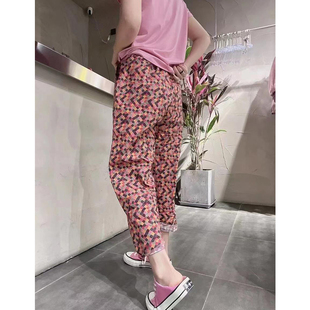 欧货春夏新款韩版彩色方格直筒裤子女时尚洋气高腰宽松显瘦九分裤