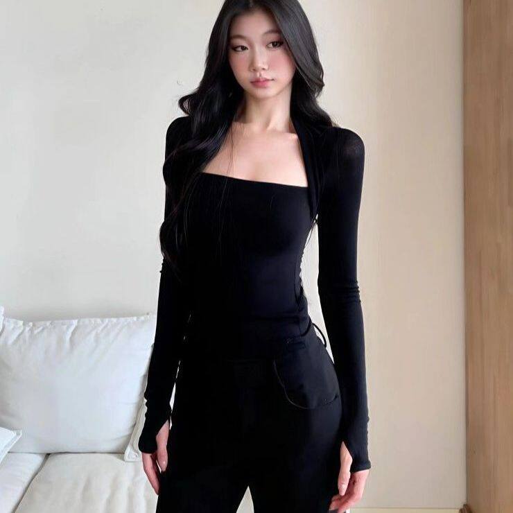 高级感慵懒风长袖T恤女春秋新款纯色简约款大领口设计假两件上衣