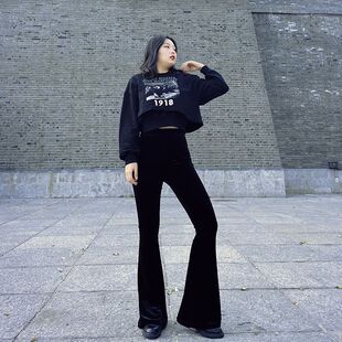 金丝绒松紧高腰微喇叭裤超模黑色长裤春秋新款梨形身材百搭裤子女