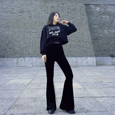 金丝绒松紧高腰微喇叭裤超模黑色长裤春秋新款梨形身材百搭裤子女