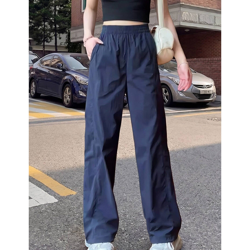 藏青色速干阔腿裤女夏季新薄款大码胖mm松紧腰高腰运动直筒长裤子