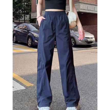 藏青色速干阔腿裤女夏季新薄款大码胖mm松紧腰高腰运动直筒长裤子
