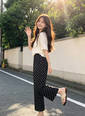 设计感黑色波点九分喇叭裤女2026夏季新款老钱风高腰显瘦微喇裤