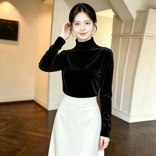 黑色半高领丝绒长袖t恤女装2026新款春装爆款百搭打底衫修身上衣
