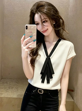 时尚轻熟绝美白色拼接飘带v领短袖T恤女夏季款减龄百搭显瘦上衣