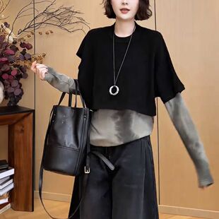 文艺简约套头黑色披肩女秋冬新款 显瘦外搭不规则叠穿圆领休闲上衣