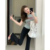 复古黑色高腰弹力显瘦微喇裤 女春夏薄款 小个子窄版 美式 直筒长裤 子