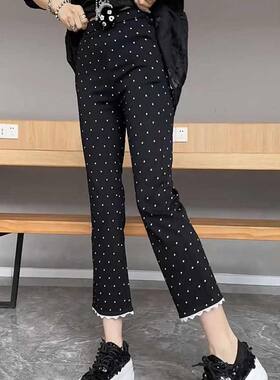 波点弹力高腰休闲裤女春夏新款显瘦八分烟管裤大码遮肉洋气直筒裤