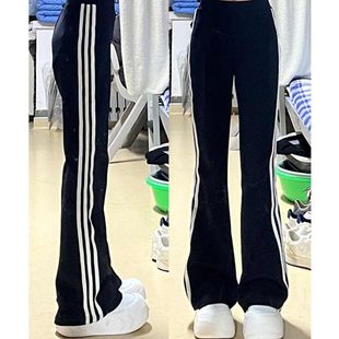 潮 高腰弹力休闲直筒三条杠运动长裤 黑色微喇叭裤 女小个子春秋新款