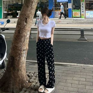 大码印花十字架裤子女夏季新款运动直筒阔腿裤休闲百搭小个子长裤