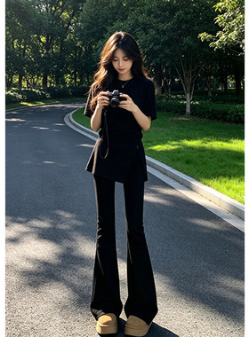 欧货黑色纽扣开叉假两件微喇裤女松紧高腰显瘦修身屁帘裤休闲裤子
