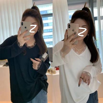 大码打底衫长袖T恤女春秋新款胖mm时尚气质显瘦蕾丝拼接v领上衣潮