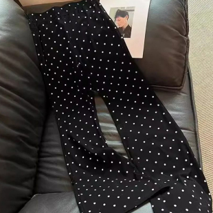 黑色波点印花直筒休闲裤子女春夏新款薄款高腰弹力显瘦微喇叭长裤