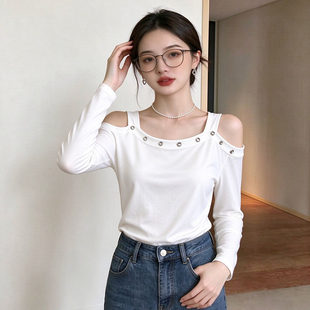 设计感小众露肩长袖T恤女秋2026新款别致百搭简约修身打底衫上衣