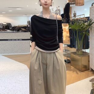 假两件挂脖德绒长袖T恤女装秋冬新款修身韩系别致一字领露肩上衣