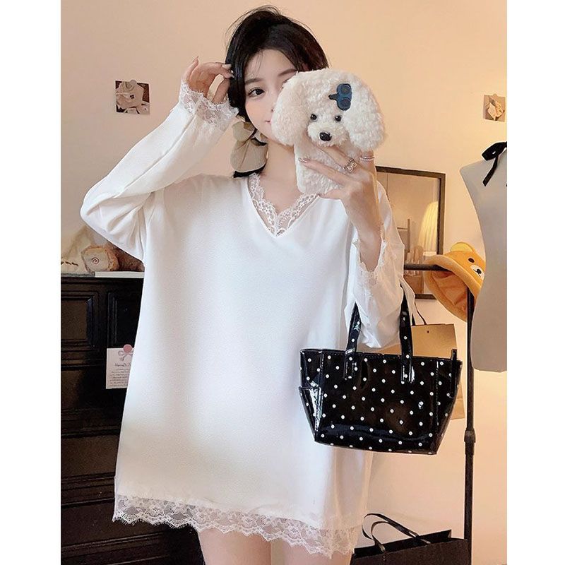 秋冬中长款网纱花边V领T恤女长袖纯欲德绒磨毛宽松打底衫上衣叠穿