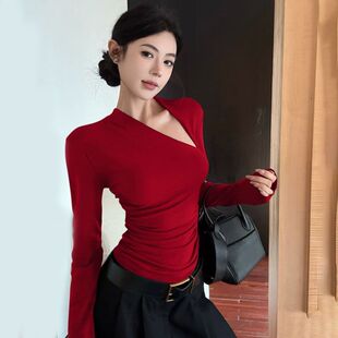 美式复古设计感镂空长袖T恤内搭女春秋修身性感斜领辣妹上衣打底