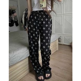 印花十字架裤子女夏季新款窄版阔腿运动休闲裤高腰直筒小个子长裤