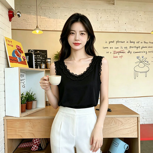 春夏秋新款螺纹女士蕾丝吊带背心显瘦遮肚外穿内搭打底无袖上衣