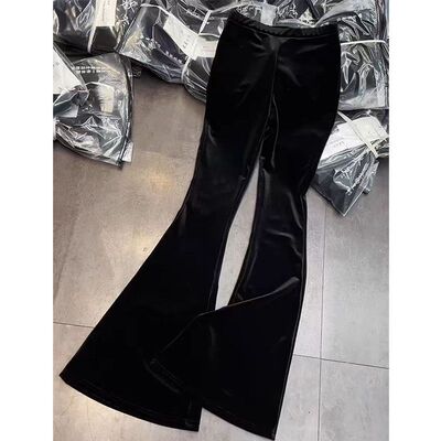 欧货金丝绒黑色休闲裤女早春设计感松紧高腰显瘦轻熟微喇叭长裤子