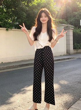 设计感黑色波点九分喇叭裤女2026夏季新款老钱风显瘦高腰微喇裤