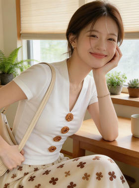 独特绝美初夏白色上衣设计感小众女士气质v领立体花朵正肩短袖T恤