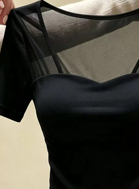 棉质时尚高级感黑色网纱拼接短袖T恤女夏季新款修身显瘦减龄上衣