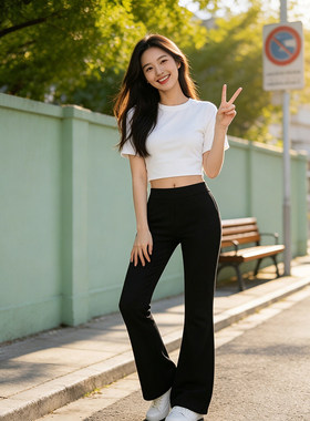 2026新款黑色微喇裤女夏季薄款松紧高腰显瘦喇叭裤修身马蹄长裤子