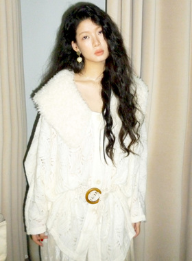 YANN M原创设计米色针织开衫宽松休闲蝙蝠袖可拆卸毛毛假领温柔女