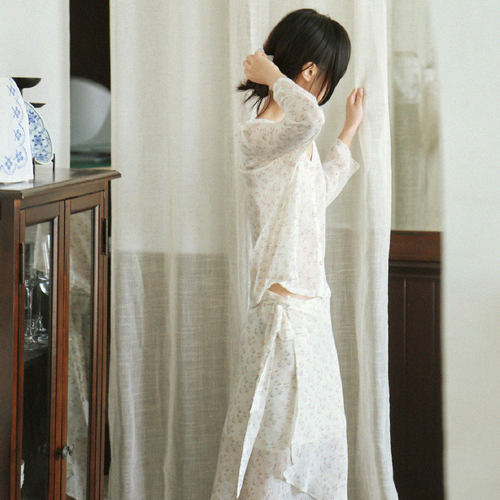 YANN M原创白色碎花雪纺套装圆领中袖小衫系带半裙乡村休闲森系女