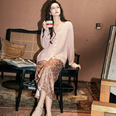 YANN M原创设计中长裙直筒微开衩粉色丝绒印花复古半裙温柔春装 女